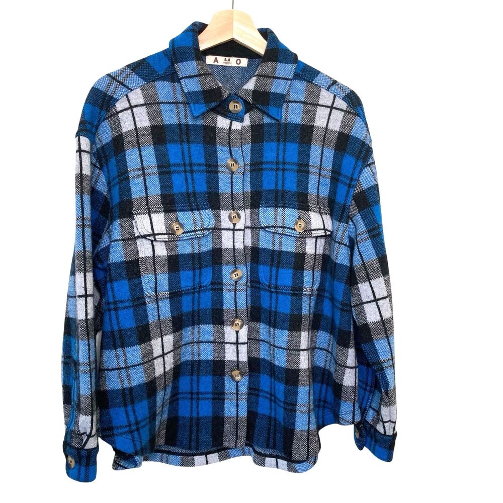 AMO Denim Wool Shacket Shirt Jacket Blue Plaid Womens Size Large L Chore Pockets